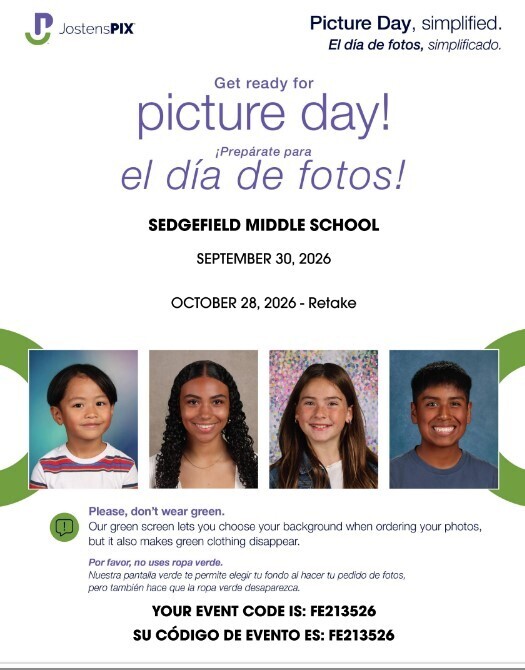 Flyer for Picture Day. Four photos of smiling children. Dates for photo day and retake. Information on green background and event code.