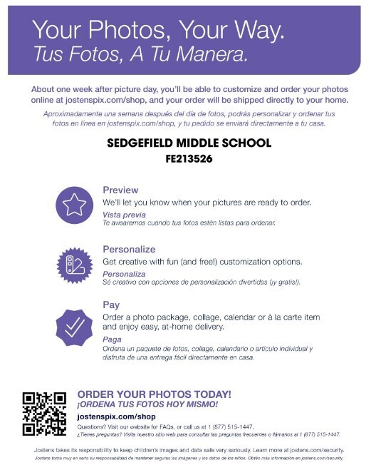 Advertisement for photo orders from Sedgefield Middle School. The text is in English and Spanish. Icons of a calendar, star, shopping cart, and credit card are shown.
