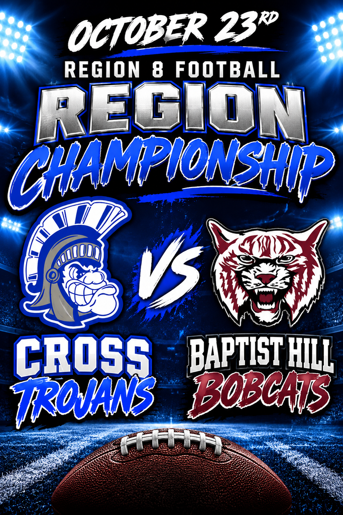 Football field with an advertisement for Region 8 Football Region Championship. Logos for Cross Trojans and Baptist Hill Bobcats with footballs.