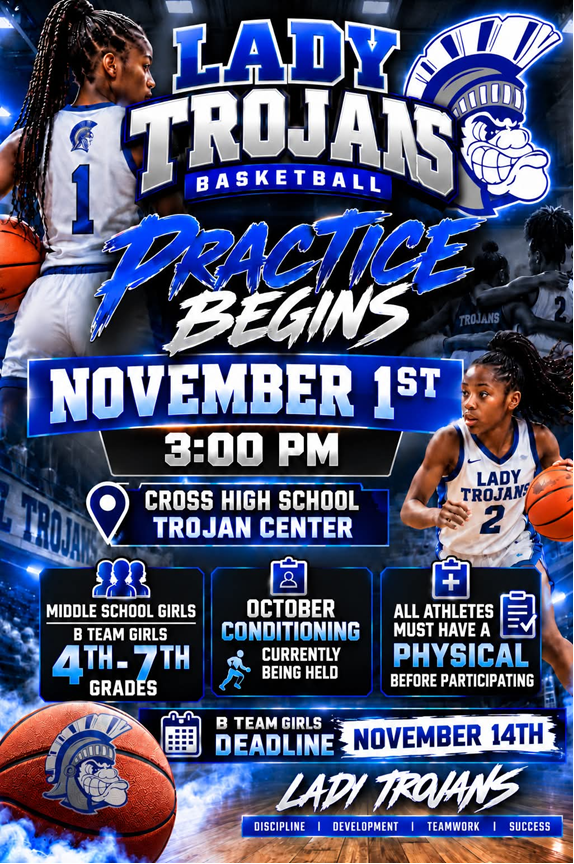 Poster for Lady Trojans basketball practice. It says "Practice Begins November 1st" at the top.