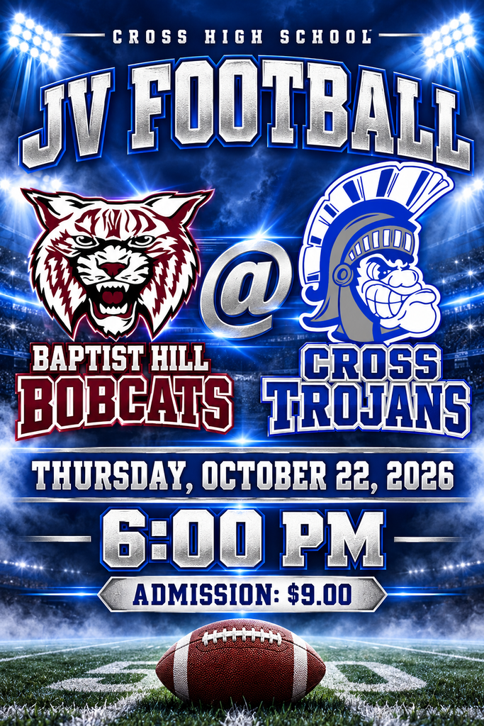 Blue, black, and white poster with text and images. Text includes "JV Football" and "Thursday, October 22, 2026 6:00 PM Admission: $9.00".