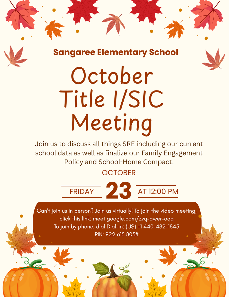 White poster with autumn leaves and pumpkins. Text reads "October Title I/SIC Meeting" and "Join us on Friday 23 at 12:00 PM."