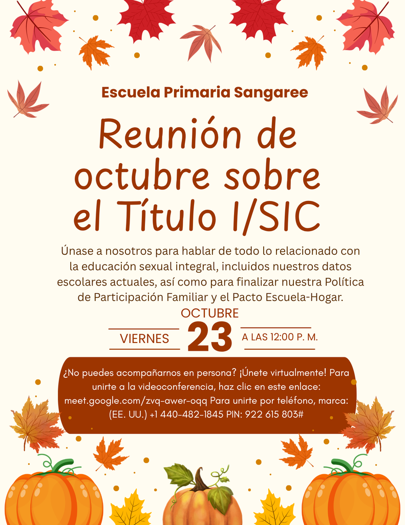 Poster featuring autumn leaves and pumpkins. Text in Spanish reads "Reunion de octubre sobre el Titulo I/SIC" and includes a date and time.