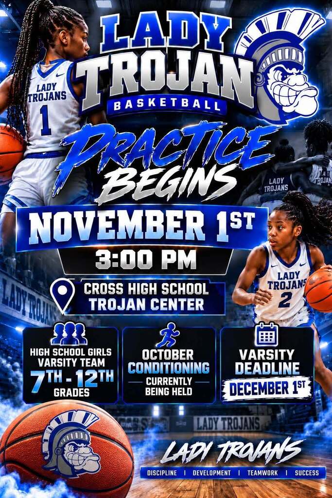 Poster with two basketball players and a basketball. Text reads "Lady Trojans Basketball Practice Begins November 1st at 3:00 PM".