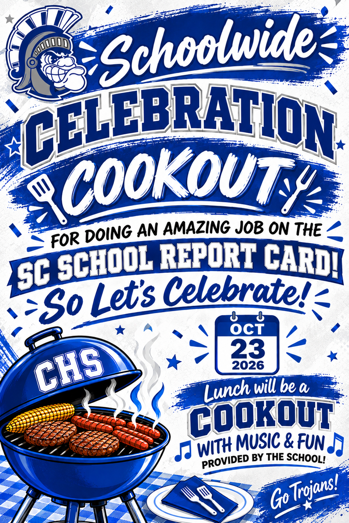 Poster with a grill, utensils, blue background, and blue and white checkered pattern.