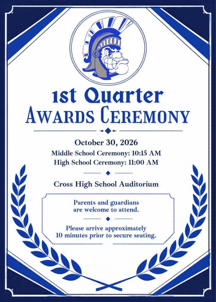 Blue and white certificate with the text "1st Quarter Awards Ceremony" and the date October 30, 2026.