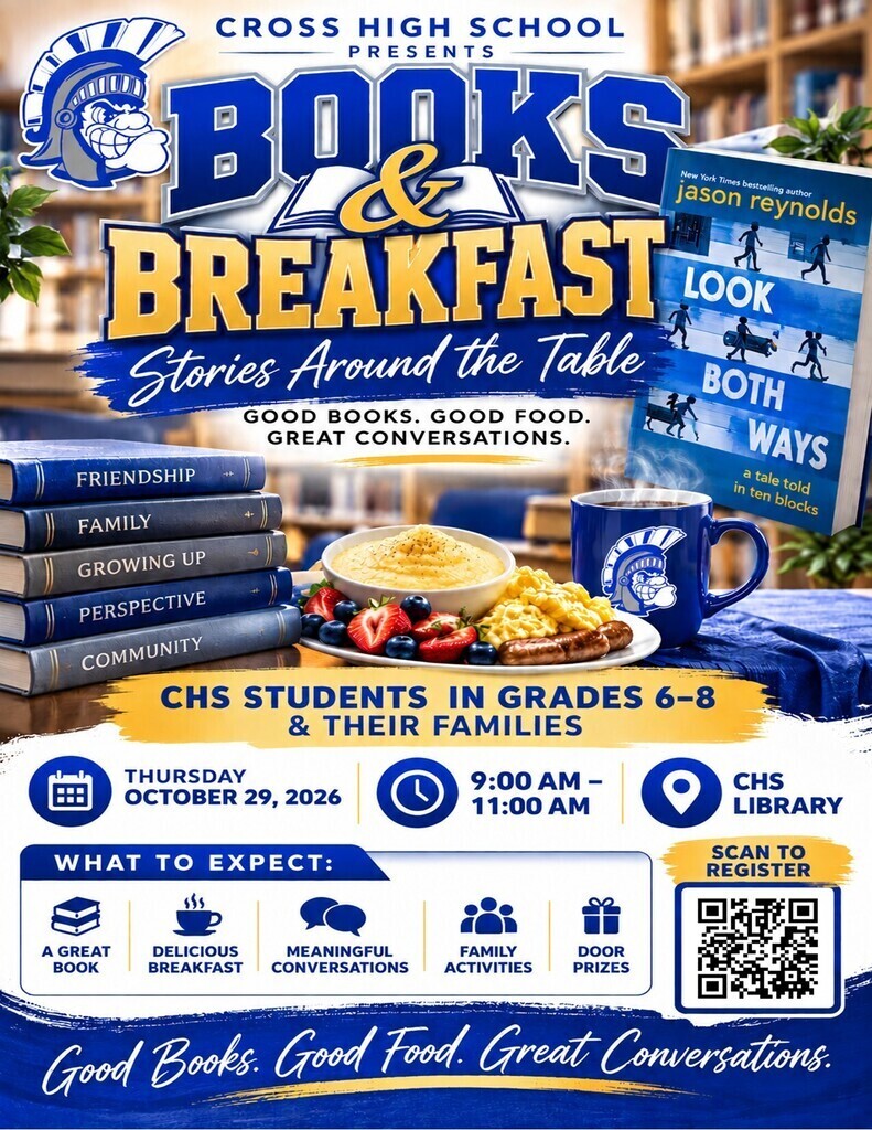 Flyer with blue, white, and black design for Books & Breakfast. Plates, books, and mugs on table.