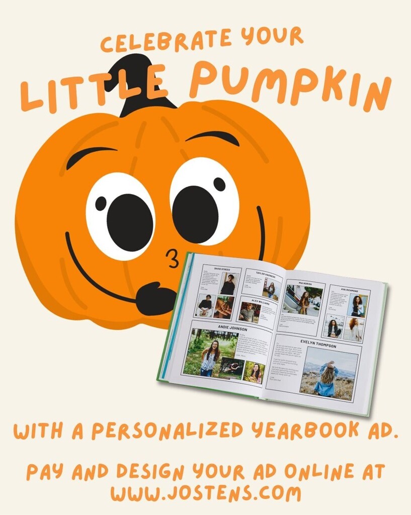Advertisement with pumpkin illustration beside open yearbook featuring various photos of people. Text reads "Celebrate your little pumpkin with a personalized yearbook ad."