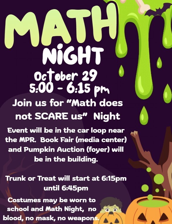 Poster with purple background. Text reads "MATH NIGHT October 29 5:00 - 6:15 pm". Event details and location are listed.