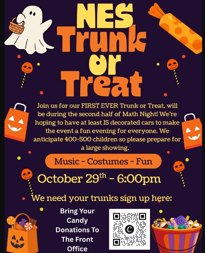Event poster for Trunk or Treat on October 29th at 6:00pm with decorations like candy, pumpkins, and a QR code.
