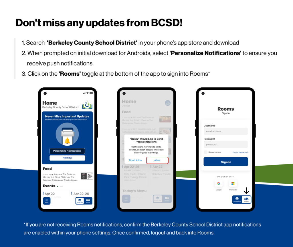 graphic explaining how to enable notifications on BCSD app for Androids