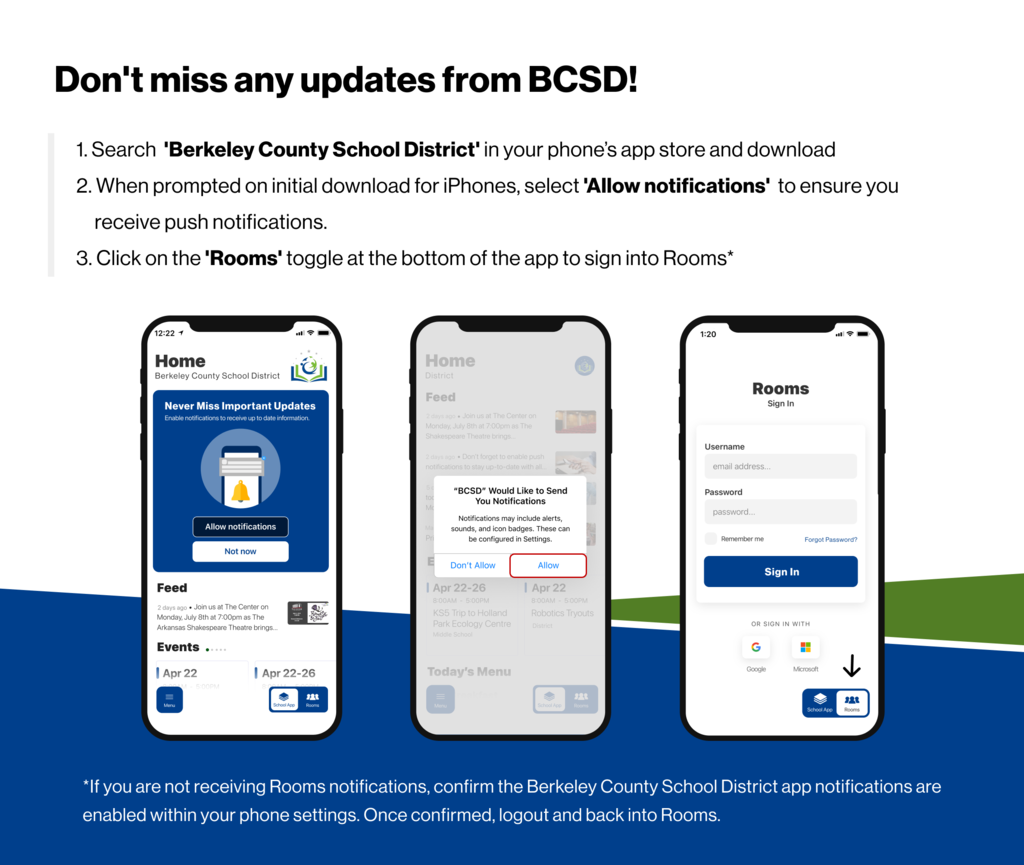 graphic explaining how to enable notifications on BCSD app for iPhones