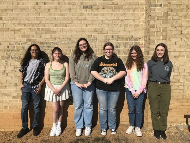 From the left, Preston Russell, Taylor VanCamp, Kianna Rogers, Leila Allen, Adrianna Hykes and Julia Stedman stand outside Hedgesville High School, where they talked about Theatre in Our Schools Month.