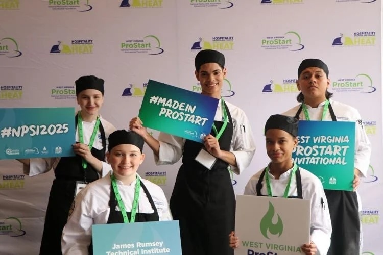 From left, the following James Rumsey culinary students represented their high schools at the {span}WV State ProStart Hospitality Cup Competition: {/span}Ashlyn Gardner, Spring Mills senior; Virginia (Annie) Wright, Hedgesville senior; Fran Marrero, Jefferson senior; Aliya Williams, Hedgesville senior; and Bernardo Santos, Musselman junior.