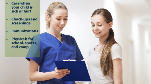This is a picture of a healthcare worker going over information with a student. The flyer shows that students can be seen at school by Shenandoah Community Health for services such as: sick or injury appointments, check-ups/ screenings, immunizations, sports physicals and more! 