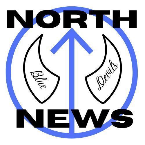 a compass rose pointing north with two horns that say "BLUE DEVILS NORTH NEWS"