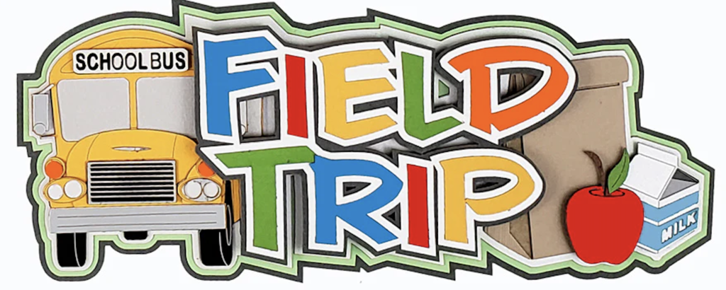 a school bus with the words "field trip" next to it