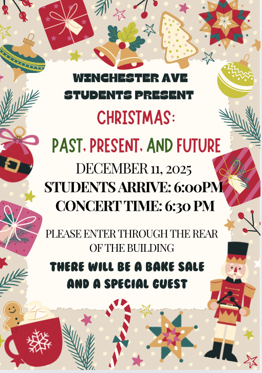 Christmas Concert is Dec 11th. Students arrive at 6:00pm. Concert begins at 6:30pm. 