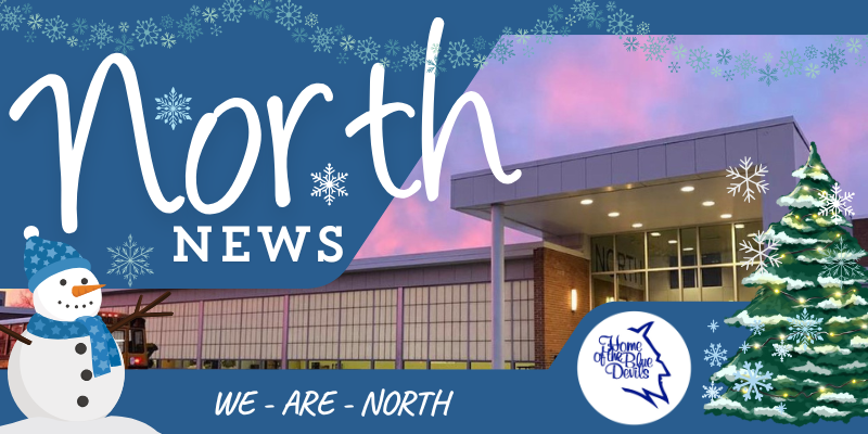 the header for North News with a picture of the school as well as a snow man and the NMS logo - words on the header say "WE ARE NORTH"