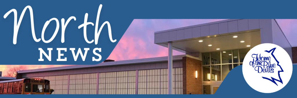 a pictures of North Middle School with the words "NORTH NEWS" written on top