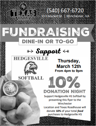 Softball Spirit Night at Texas Roadhouse 3/12/26