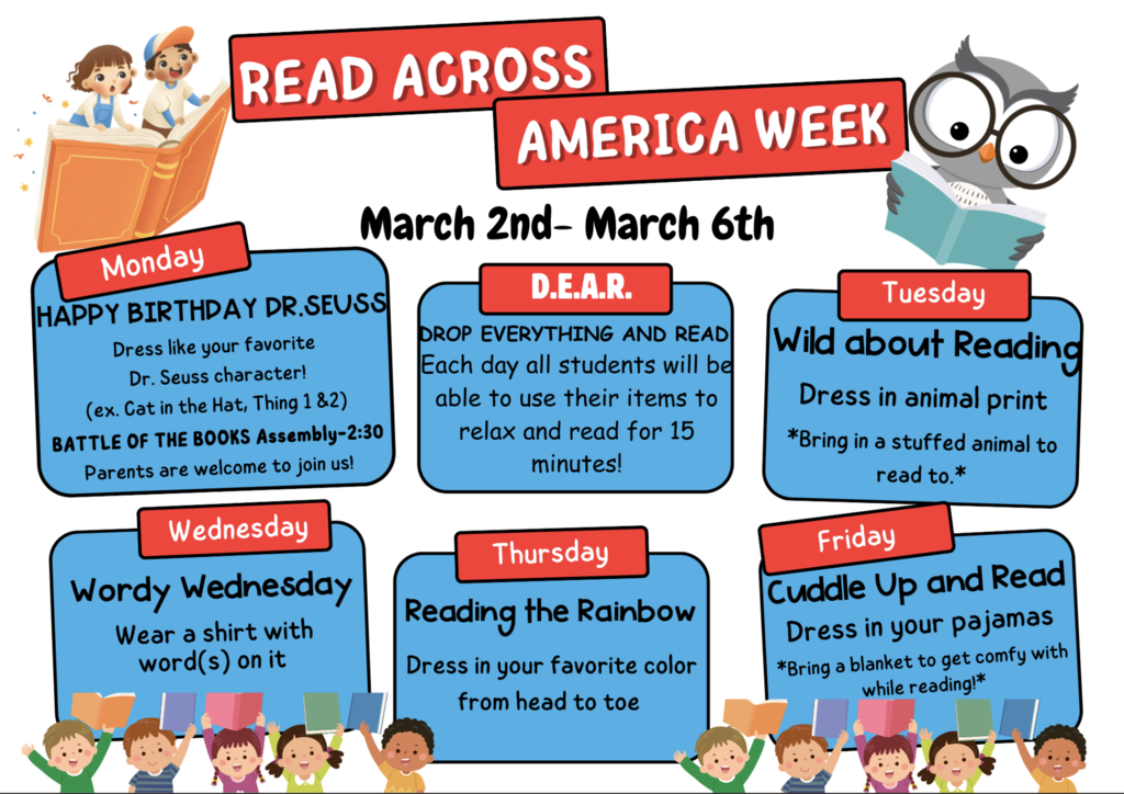 Read Across America Flyer of theme days...read, read, read 