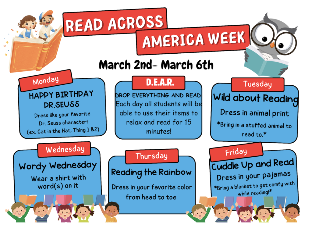 Read Across America Week Schedule of themed days.