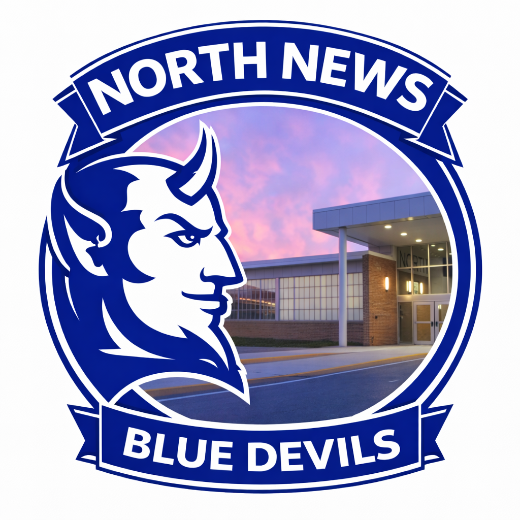 The North News Logo - a circuluar picture of the front of North Middle with a blue border around it and a blue devil's silhouette. The text in the boarder says NORTH NEWS BLUE DEVILS