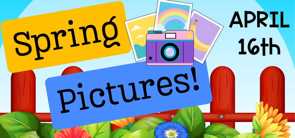 A red fence with flowers in front. The words on the picture say "Spring Pictures April 16th!"