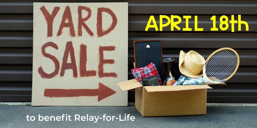 A picture of a sign that says "Yard Sale" next to a box of items. The words on the page say "April 18th to benefit Relay-for-Life."