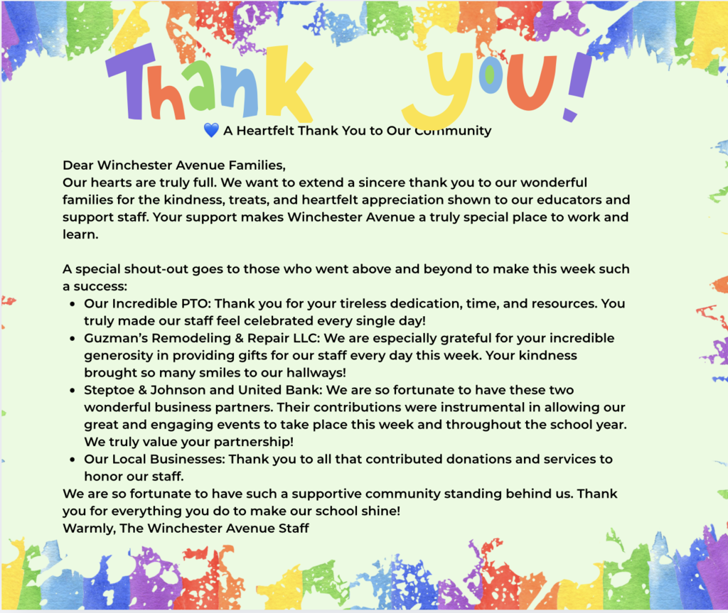 Thank you to all those that helped with staff appreciation last week. 