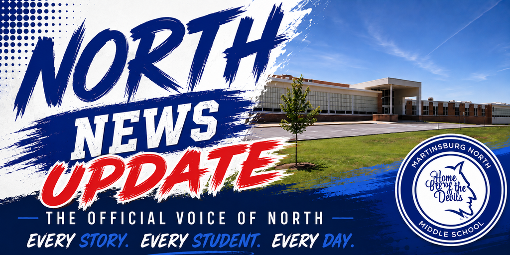 the header for the North News Update - a picture of the school with the blue devil NMS seal and the words "North News Update: the official voice of North. Every Story. Every Student. Every day."