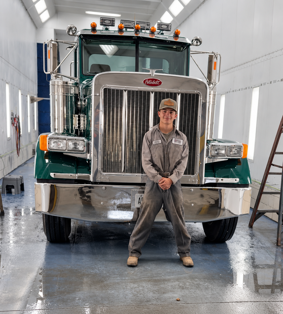 A student in work clothes stands in front of a large green Peterbilt truck inside a brightly lit paint booth.