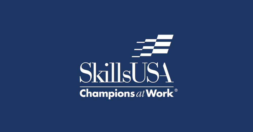 SkillsUSA logo on a dark blue background, featuring stylized white stripes above the words “SkillsUSA” and the tagline “Champions at Work.”