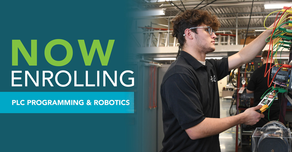 Promotional banner for a course on PLC Programming & Robotics. Left side features large green and white text reading 'NOW ENROLLING' and smaller white text on a blue background stating 'PLC PROGRAMMING & ROBOTICS.' Right side shows a person in a black shirt working with colored wires and electronic equipment in an industrial environment.