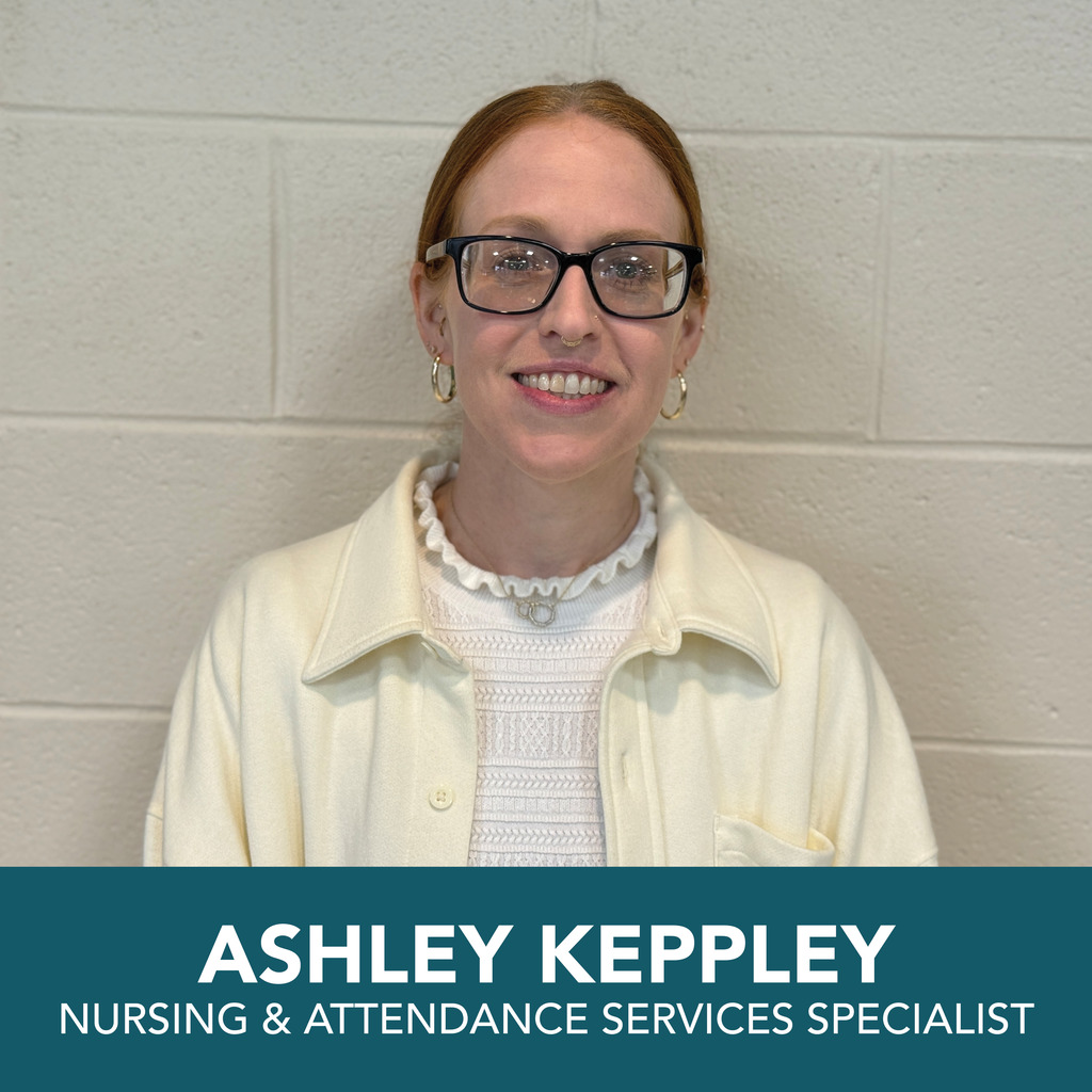 A person with a blurred face stands against a light-colored brick wall. They are wearing glasses, a white shirt with a ruffled collar, and a light-colored jacket. At the bottom of the image, text reads: "ASHLEY KEPPLEY NURSING & ATTENDANCE SERVICES SPECIALIST."