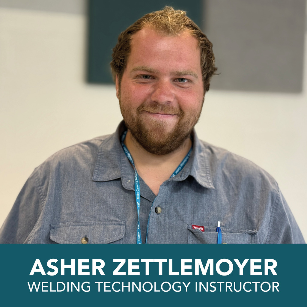 A person with a blurred face is shown from the shoulders up, wearing a blue button-up shirt with two front pockets. The person has a lanyard around their neck and a pen in the left pocket. The background consists of blurred geometric shapes in muted colors. At the bottom of the image, there is a teal banner with white text that reads "ASHER ZETTLEMOYER WELDING TECHNOLOGY INSTRUCTOR."
