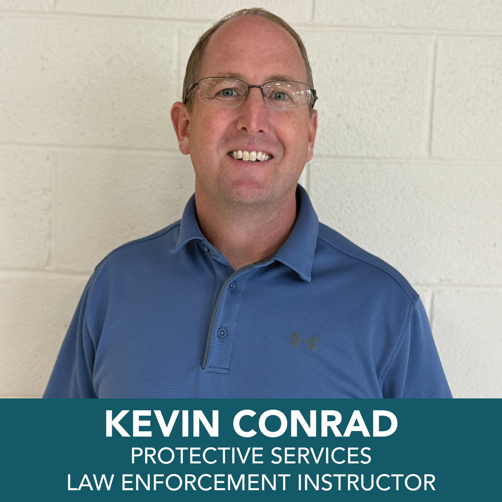 A person with a blurred face stands against a light-colored brick wall, wearing a blue polo shirt. At the bottom of the image, text reads: "KEVIN CONRAD PROTECTIVE SERVICES LAW ENFORCEMENT INSTRUCTOR."