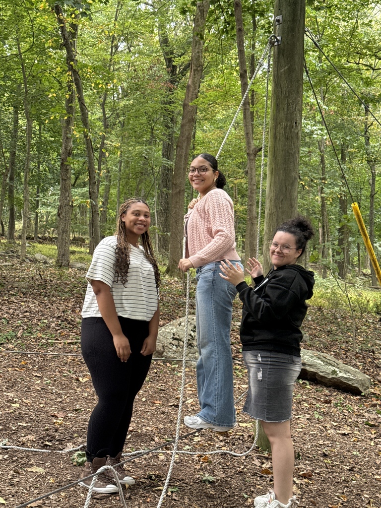 Three NTHS students work together on a low ropes challenge in the forest. One student balances on the rope while the other two stand nearby helping and smiling.