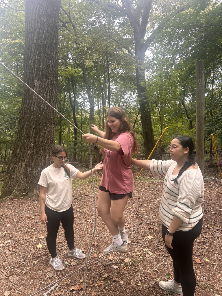 Three NTHS students participate in a team-building ropes course activity. One student balances on a rope while two teammates stand on either side offering support and encouragement.