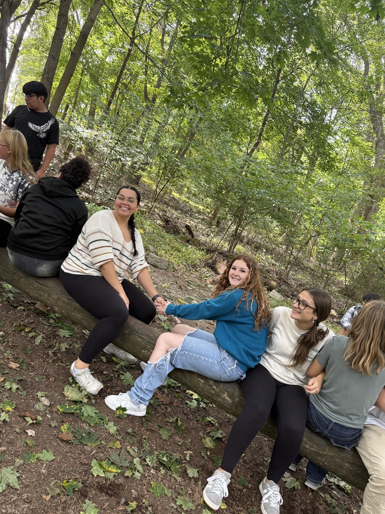 NTHS students sit together on a large log in a wooded area, holding hands for balance during a team exercise. The group laughs and enjoys the activity surrounded by trees and fallen leaves.