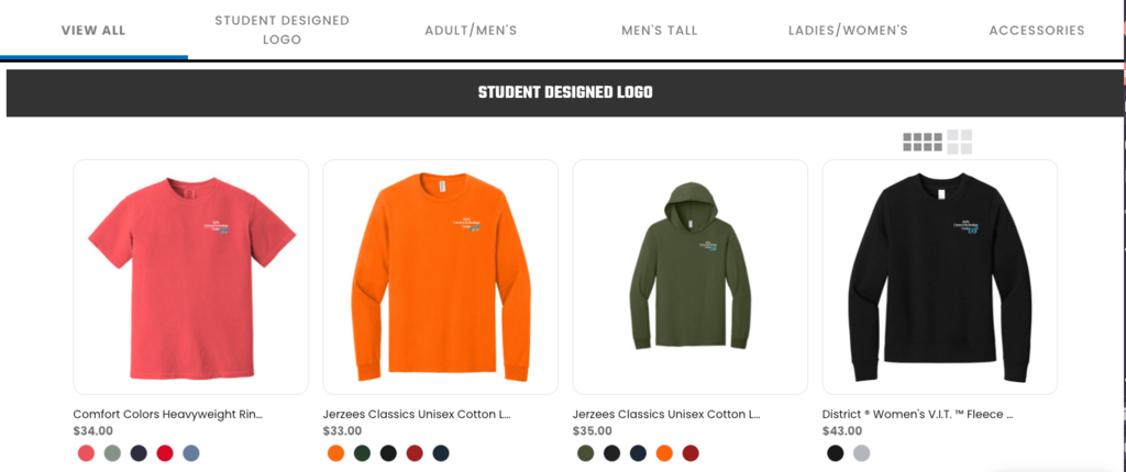 Screenshot of BCTC’s online pop-up school store showing the “Student Designed Logo” collection. Four apparel items are displayed in a row on a white background: a short-sleeve red T-shirt, a long-sleeve orange shirt, an olive green lightweight hoodie, and a black crewneck sweatshirt. Each item features a small BCTC Career & Technical Education logo with a student-created design on the upper left chest. Color swatches and prices are listed under each product. Navigation tabs are visible at the top, including View All, Student Designed Logo, Adult/Men’s, Men’s Tall, Ladies/Women’s, and Accessories.