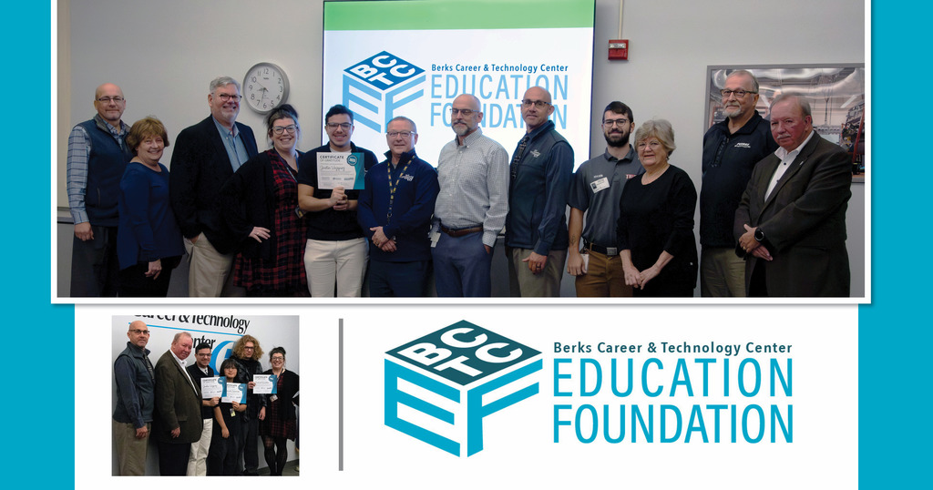 A composite graphic featuring two photos of groups standing with Advertising Art & Design Technology students, along with the Berks Career & Technology Center Education Foundation logo. The top photo shows thirteen people standing in a line in front of a large screen displaying the Education Foundation logo; a student near the center holds a certificate while others smile beside him. Below, a second photo shows nine individuals—including three students—standing together holding certificates in front of a BCTC wall display. To the right of the lower photo, the Education Foundation logo is shown again: a teal 3D cube with the letters “BCTC” on top and stylized lines forming the shape of an “E,” next to the text “Berks Career & Technology Center Education Foundation.” The graphic has a teal background framing the images.