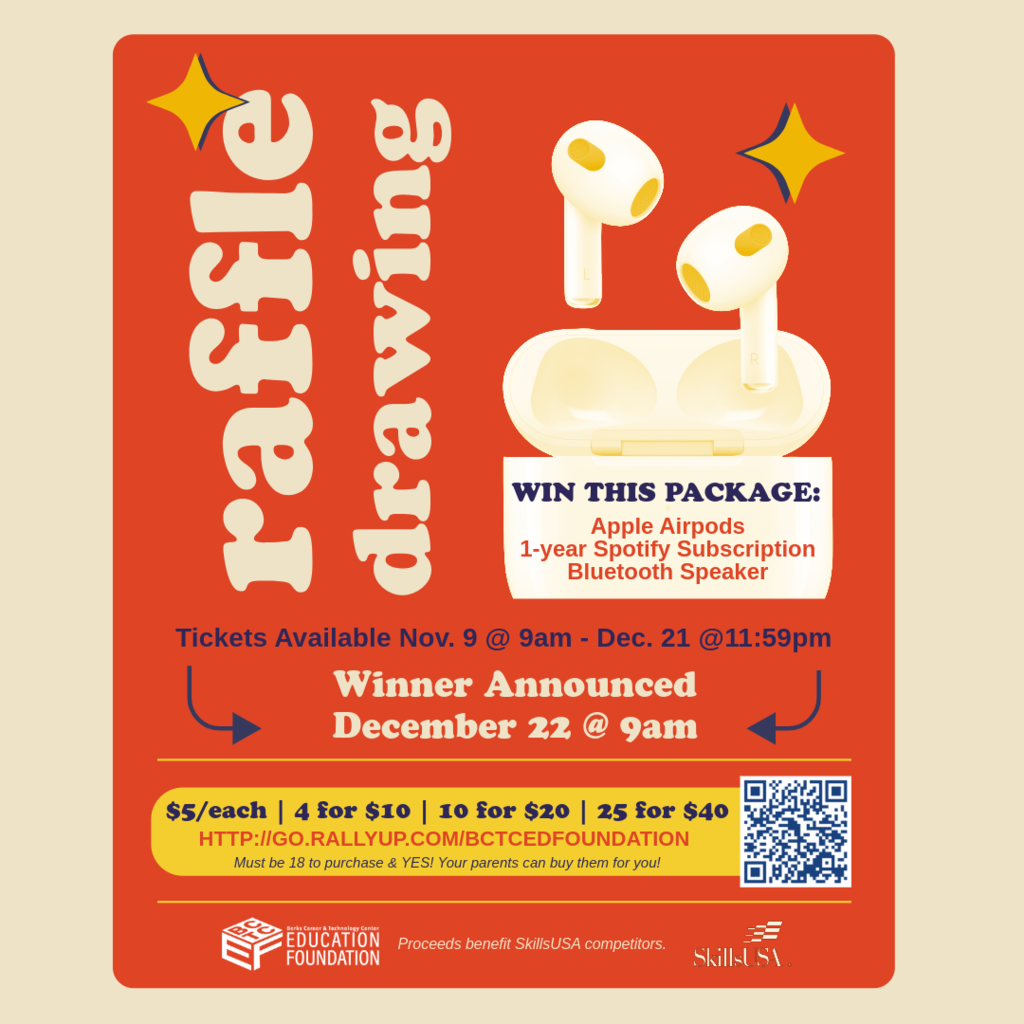 A square promotional graphic for the BCTC Education Foundation’s SkillsUSA raffle. The background is orange with rounded corners. Large vertical text on the left reads “raffle drawing.” At the top right, two yellow Apple AirPods hover above an open charging case. A box next to them says “Win This Package: Apple AirPods, 1-year Spotify Subscription, Bluetooth Speaker.” Below, text states “Tickets Available Nov. 9 @ 9am – Dec. 21 @ 11:59pm” and “Winner Announced December 22 @ 9am.” At the bottom, a yellow price bubble lists ticket options: “$5 each | 4 for $10 | 10 for $20 | 25 for $40,” along with the link “go.rallyup.com/bctcedfoundation” and a QR code. The BCTC Education Foundation and SkillsUSA logos appear in the lower corners, with a note that proceeds benefit SkillsUSA competitors.