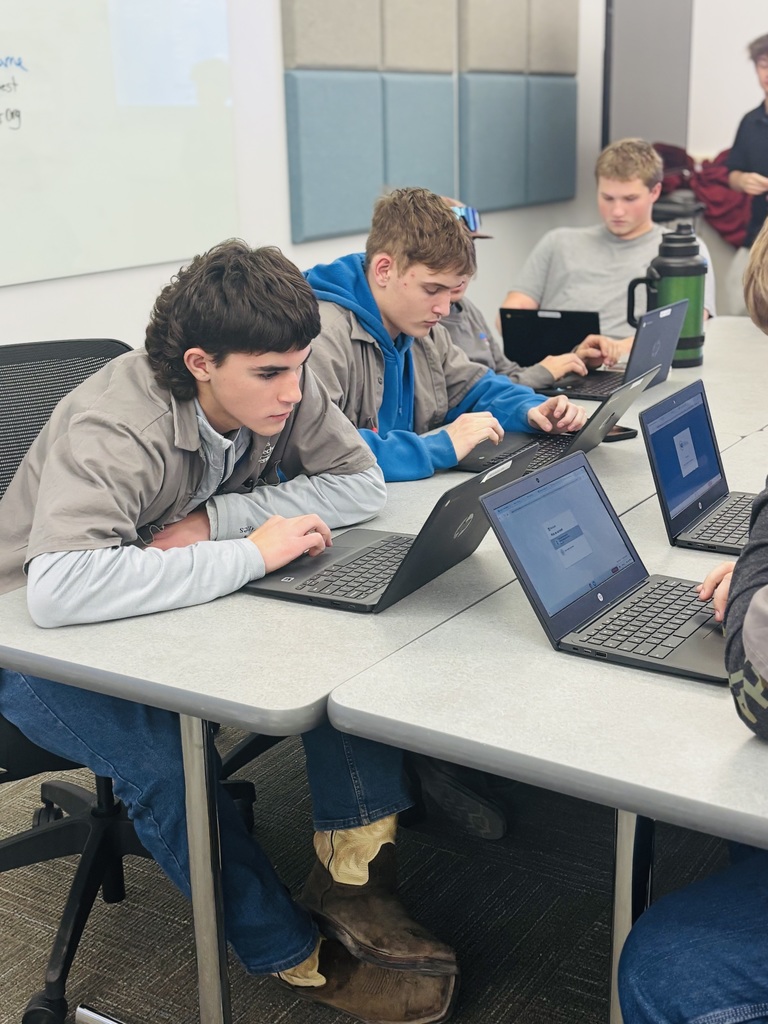 A group of male students sit at a classroom table focused on their laptops while completing an online purchasing activity. They are wearing gray work shirts and casual clothing, and appear engaged in the Virtual Enterprises trade show assignment.