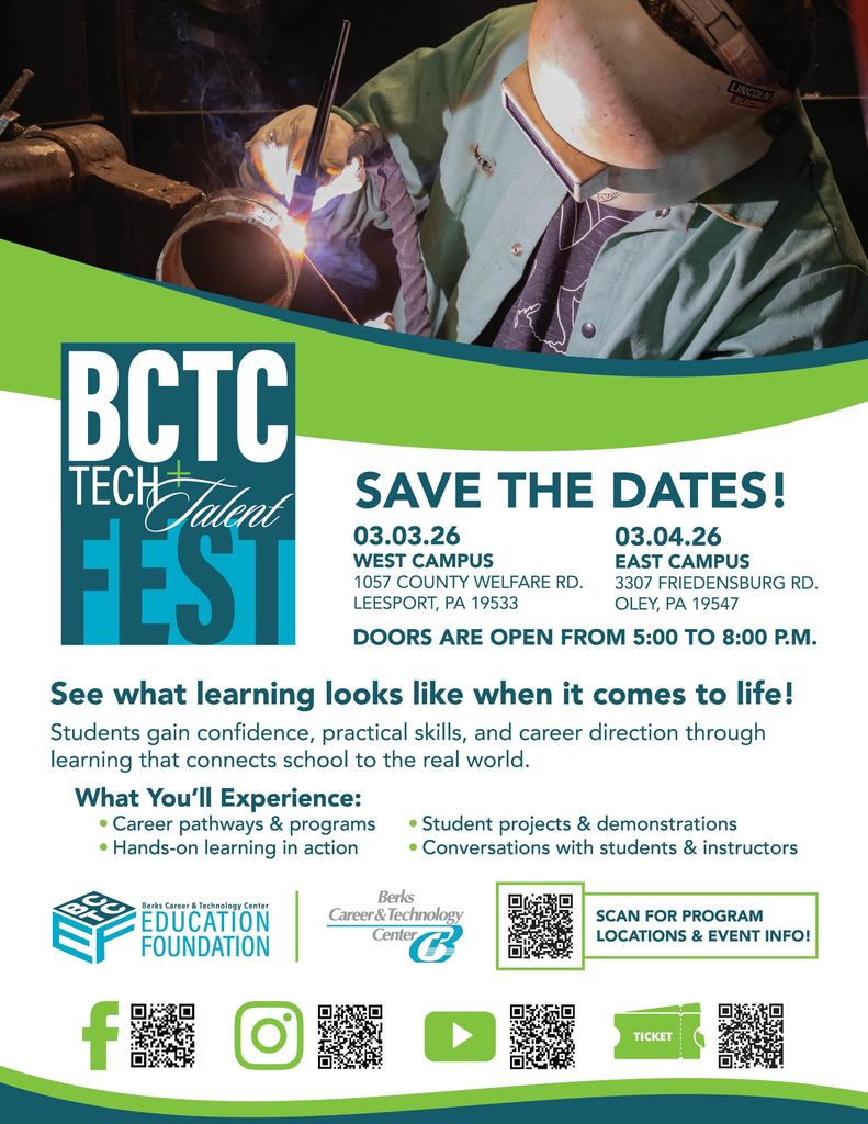 Flyer for BCTC Tech + Talent Fest showing a student welding. Event is March 3 at West Campus and March 4 at East Campus, 5–8 PM, featuring hands-on programs, student projects, and demonstrations.