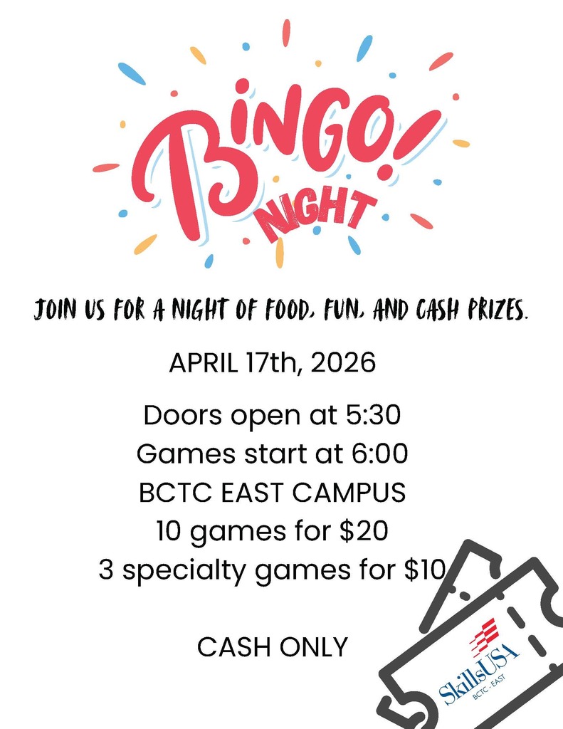 Colorful flyer for “Bingo Night” at BCTC East Campus on April 17, 2026. Doors open at 5:30 PM, games start at 6:00 PM. Event includes 10 games for $20 and 3 specialty games for $10. Cash only.