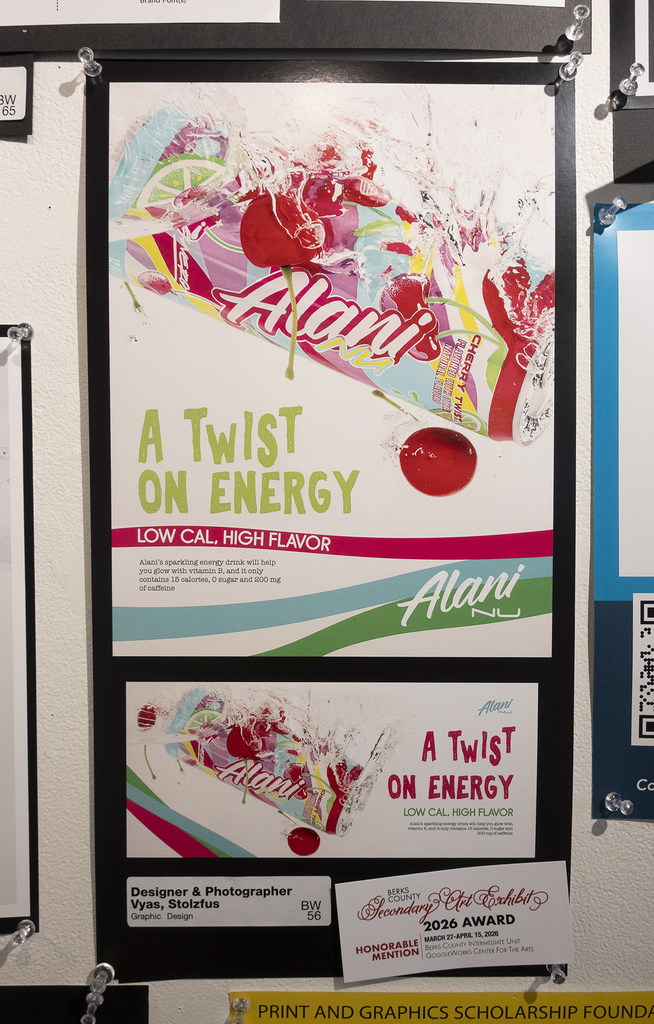 Graphic design poster featuring a colorful energy drink can splashing with fruit, with text promoting low calorie and high flavor.