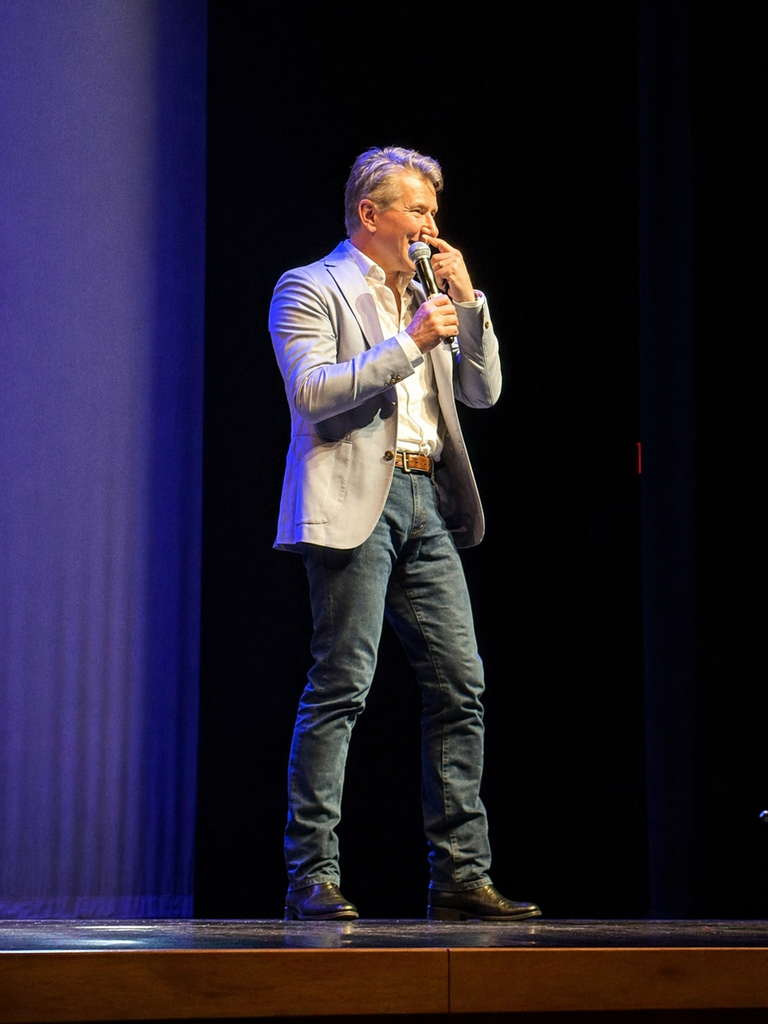Robert Herjavec stands on stage speaking into a microphone during an event.