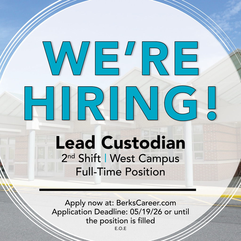 Hiring graphic for a BCTC Lead Custodian, 2nd shift, West Campus, full-time position. Apply at BerksCareer.com by 05/19/26 or until filled.